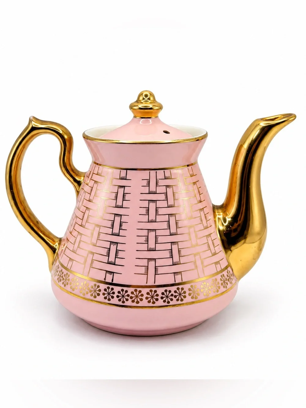 Vintage Hall Philadelphia Basket Weave Pink & Gold 6-Cup Teapot Made in USA